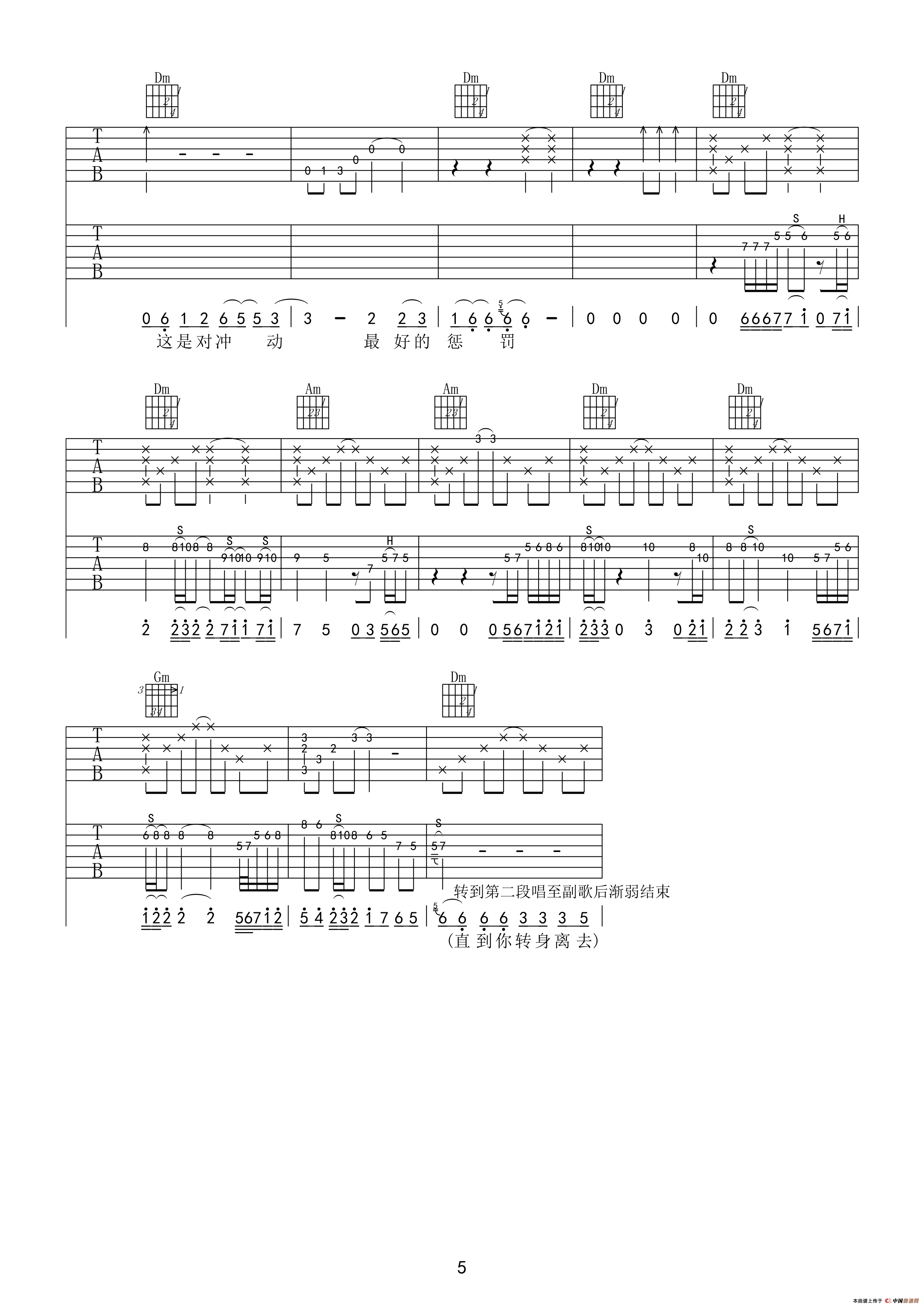 冲动的惩罚吉他谱/六线谱_器乐乐谱_中国曲谱网