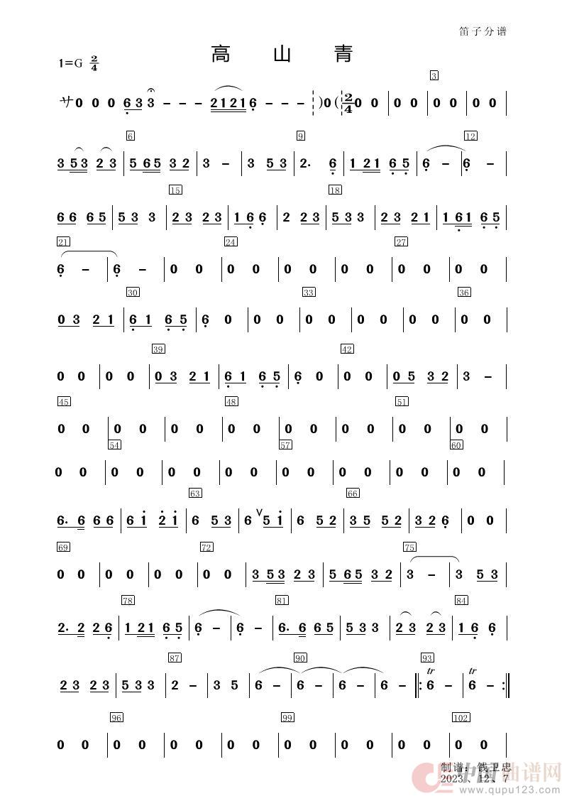 高山青-笛子分谱1-2（俊杰根据录音记谱）(1)_原文件名：高山青-笛1.jpg