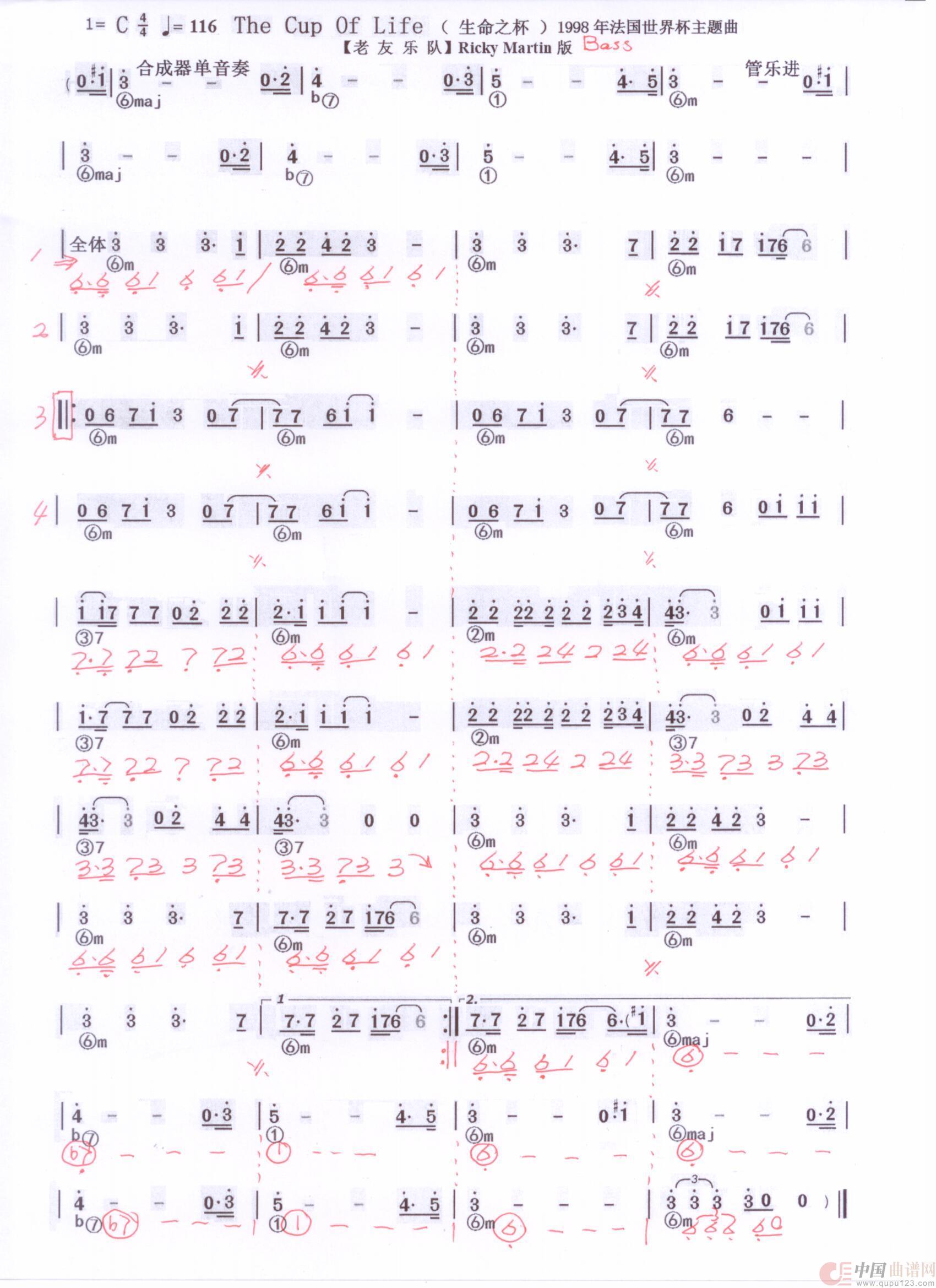 贝斯谱 几首萨克斯曲(1)_原文件名:生命之杯THE CUP OF LIFE 萨克斯曲 001.jpg